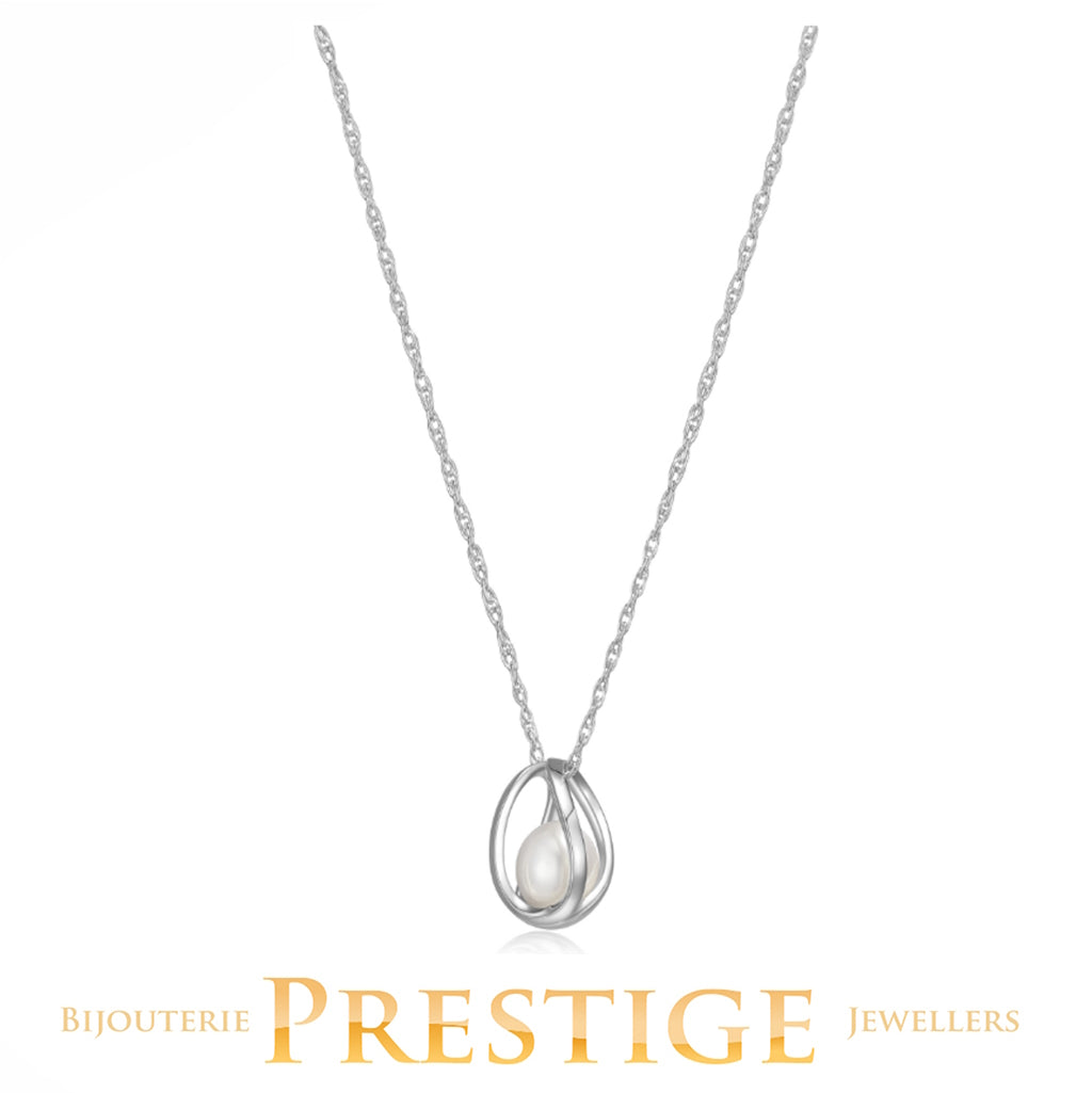 ELLE "LUNA" RHODIUM PLATED GENUINE WHITE PEARL & CAGE NECKLACEE