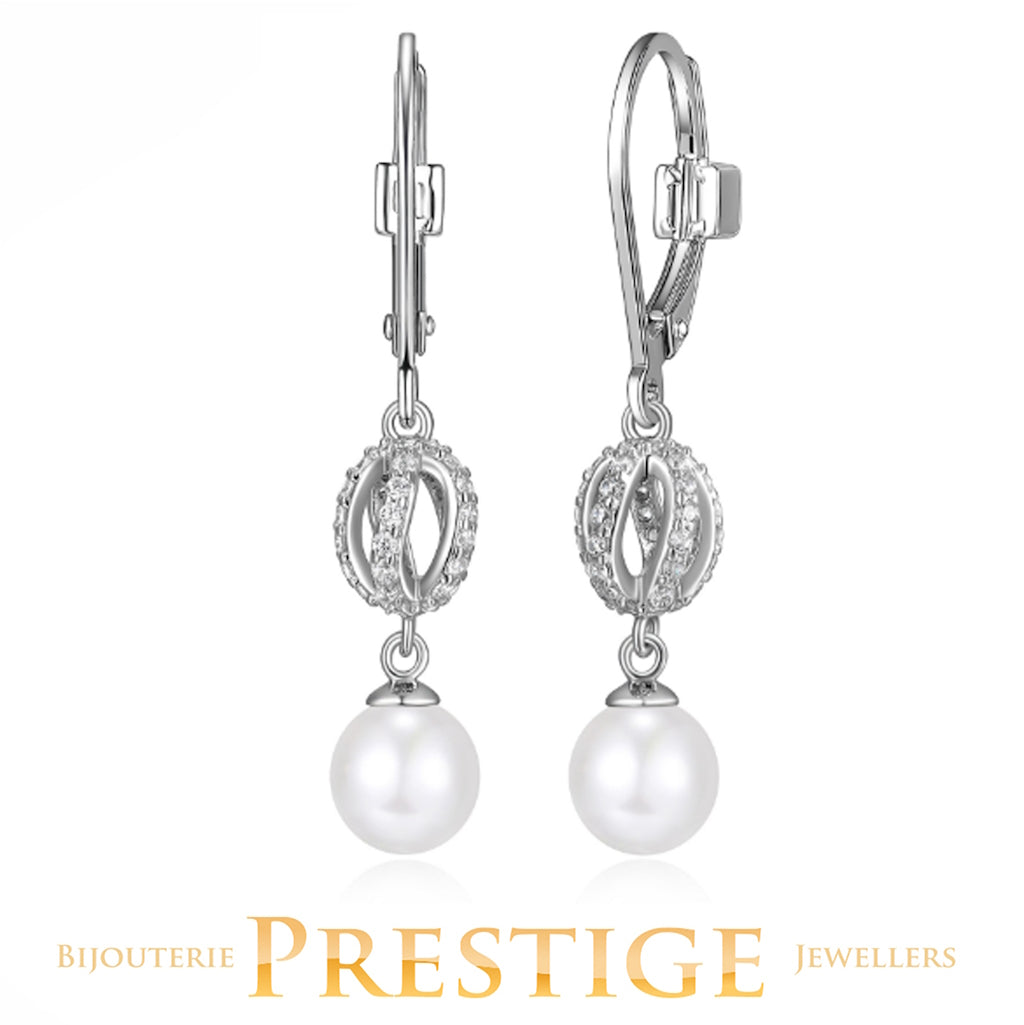 ELLE "LUNA" RHODIUM PLATED GENUINE WHITE PEARL AND CUBIC ZIRCONIA