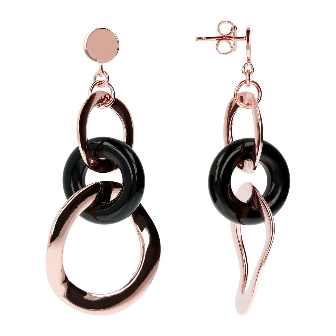 Bronzallure Shiny Gemstone Wavy Round Earrings - Black Onyx